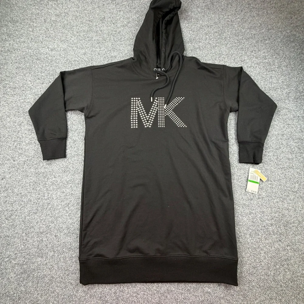 Michael Kors Black Studded MK Logo Hoodie Sweatshirt Dress Petite‎ Large NEW